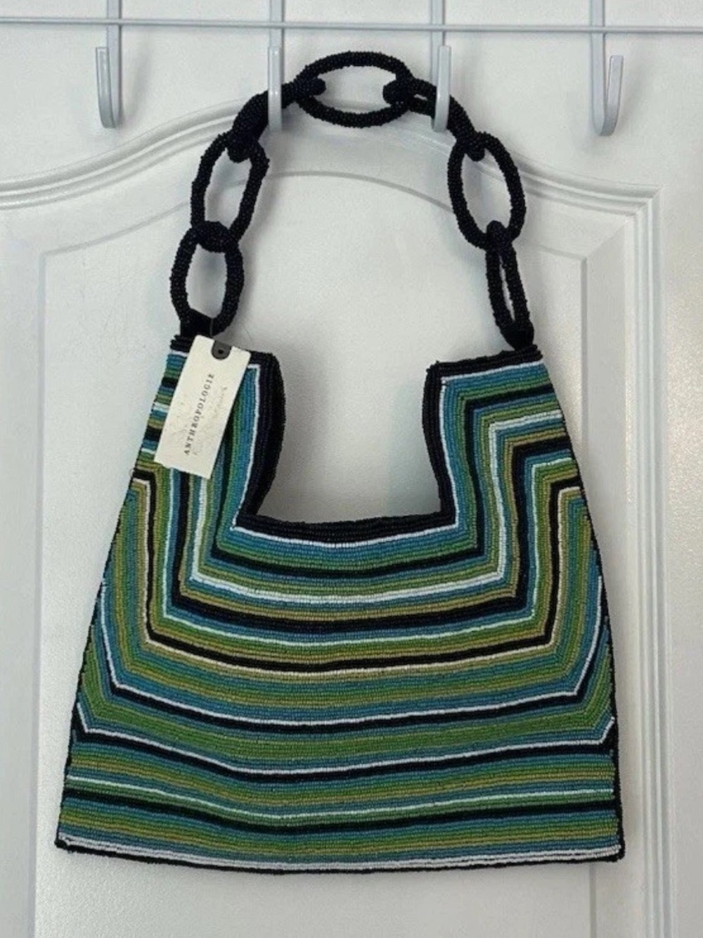 Anthropologie NWT Boho Blue, Green, White Beaded Shoulder Bag Navy Link Strap